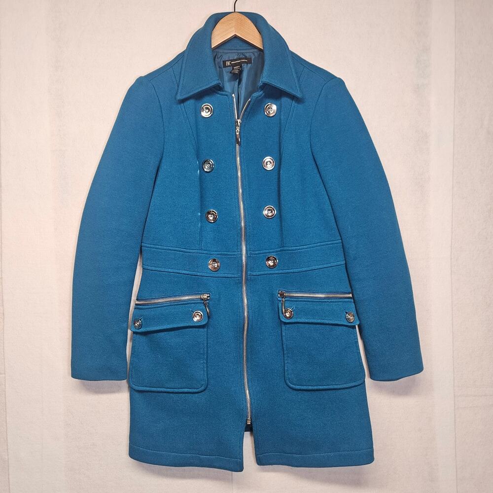 INC International Concepts Blue Double Breasted Military Coat Gold Buttons